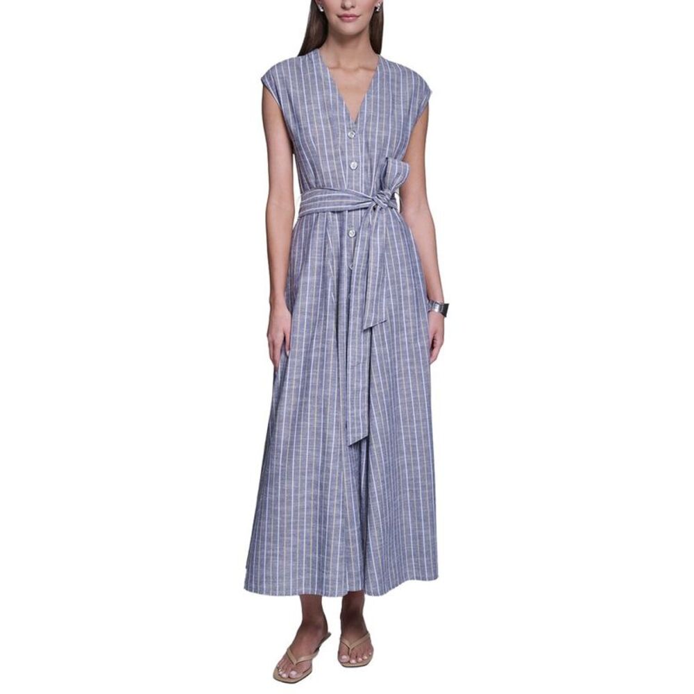 Halston Womens Sleeveless Striped Shirt Dress